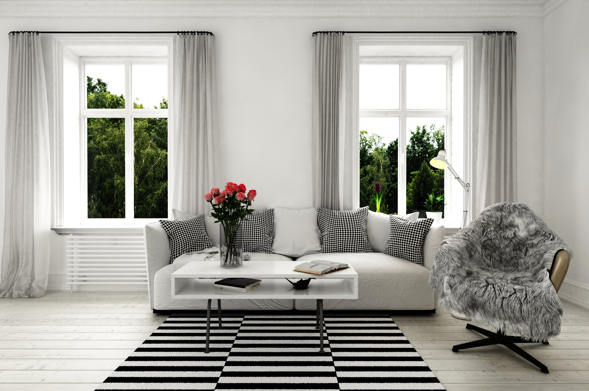 Minimalistische Couch im Wohnzimmer mit Stuhl und Decke und stilvollem Teppich