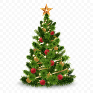 Schöner, leuchtender, künstlicher Weihnachtsbaum mit Kugeln, Girlanden, Glühbirnen, Lametta und einem goldenen Stern an der Spitze.